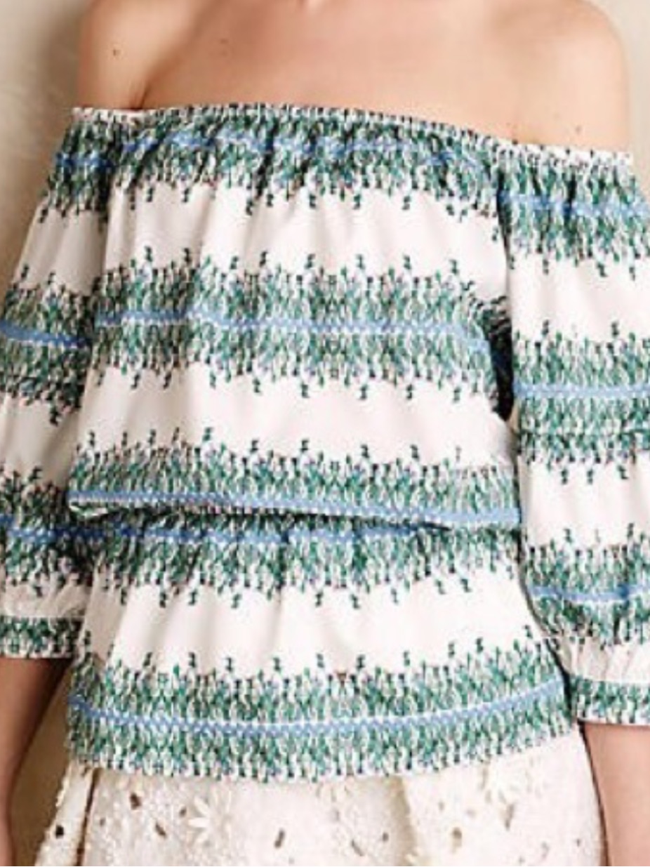 Anthropologie Off-Shoulder Smocked Stripe Top In White And Green